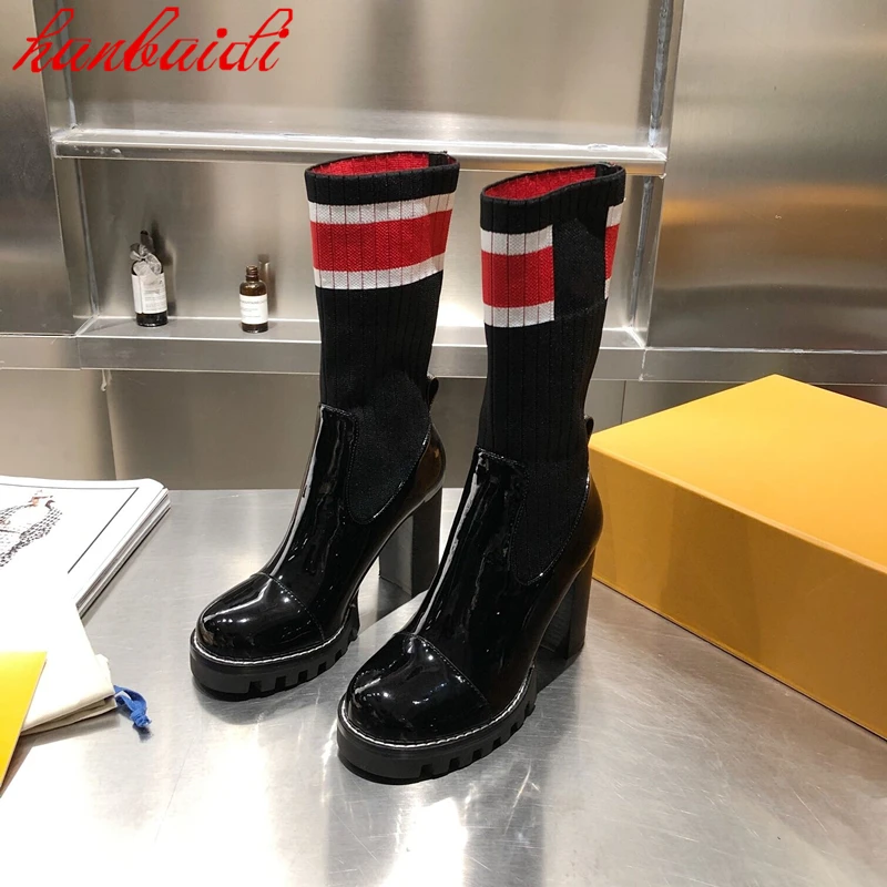 

Женские ботинки-носки Kintted, осенние модные ботинки в Корейском стиле, ботинки челси на очень высоком каблуке, кожаная обувь без застежки, бот...