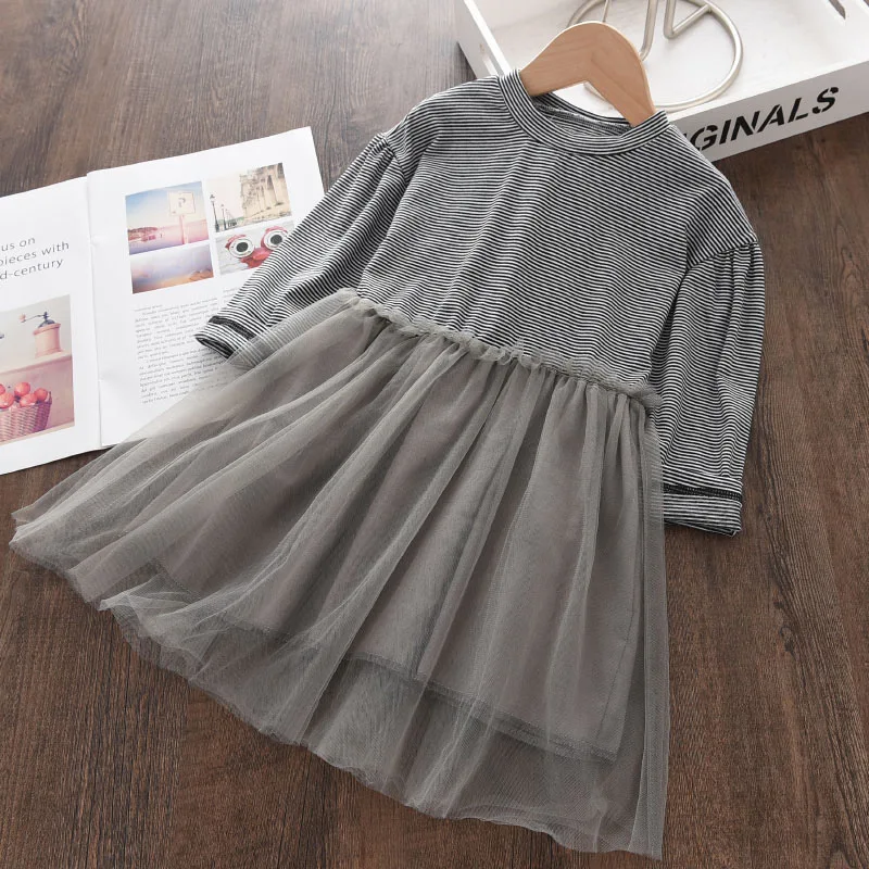 

Girls Long-sleeved Round Neck Gray Striped Stitching Skirt Toddler Girl Fall Clothes 2021 Flower Girl Dresses Baby Girl Clothing