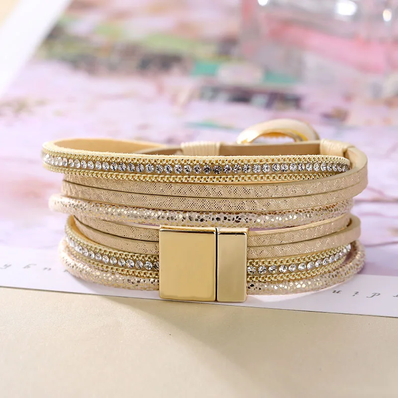 Женский Многослойный кожаный браслет FAMSHIN модный с кристаллами и жемчугом в