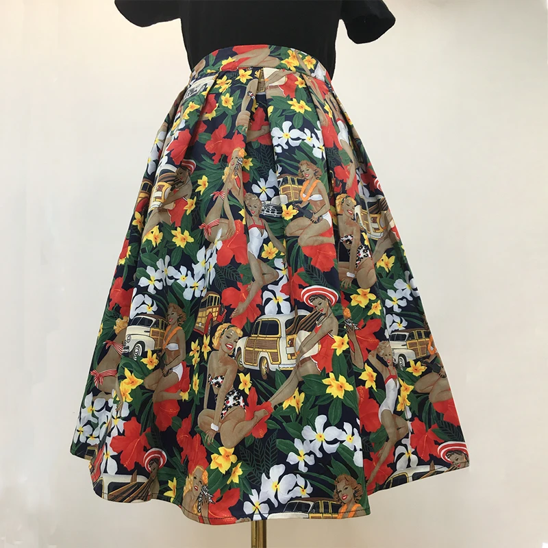

Printed puffy skirt 2021 new retro pocket high waist mid-length large swing A-line printed skirt women