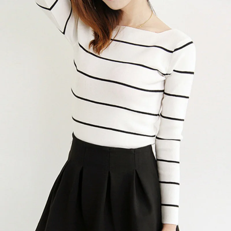 

2020 New Arrival Striped Women's Sweater Slash Neck Bottoming Shirt Fashion Slim Long Sleeve Knit Pullover