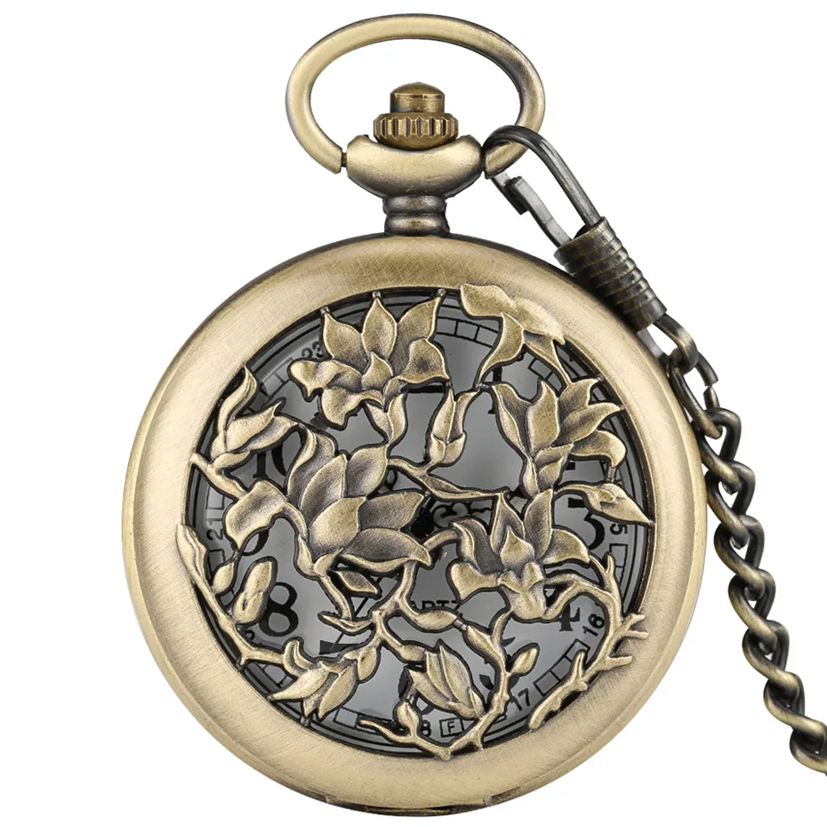 pocket chain Изысканные бронзовые полые цветы дизайн кварцевые карманные часы с арабскими цифрами Круглый циферблат винтажные Женские Подвески часы с ожерельем - Цвет: pocket chain