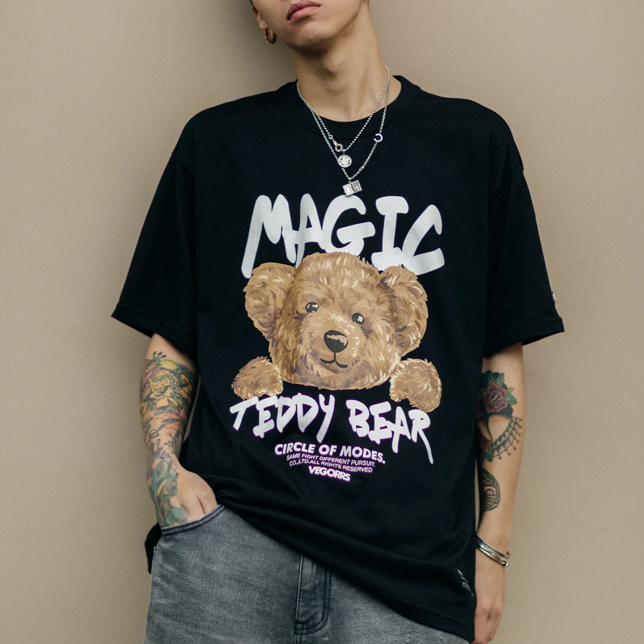 

LACIBLE Hip Hop T-Shirt Men's Vintage Bear Doll Print Cotton Streetwear Pure Cotton Casual Top T-Shirt Harajuku Clothing