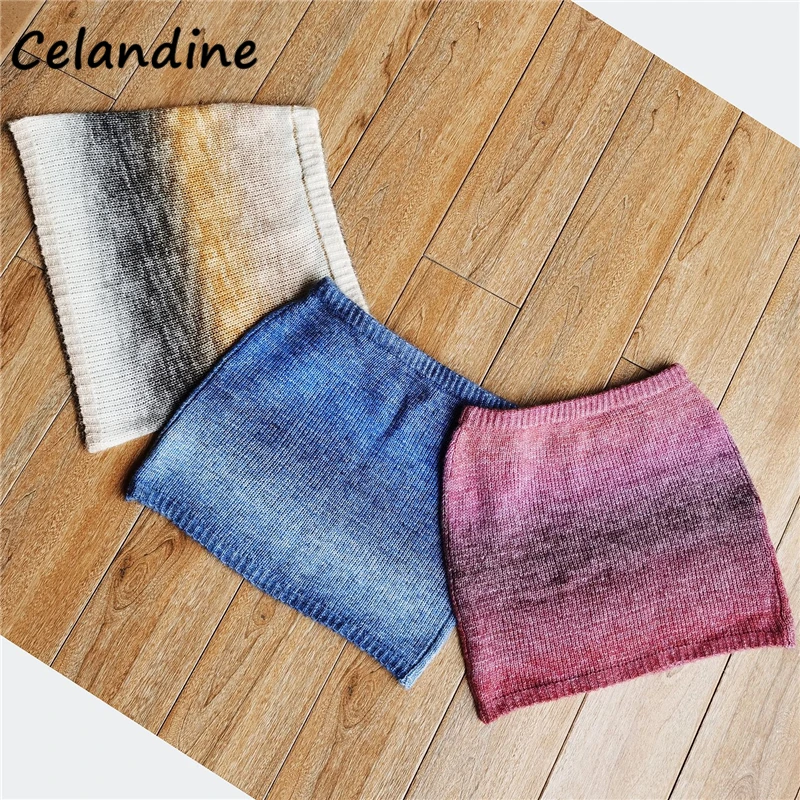 

Celandine Tie Dye Sexy Women Fashion Chic Y2K Blue Gradient Skinny Knit Mini Skirt 2021 Summer Beach High Waisted Bodycon Skirt
