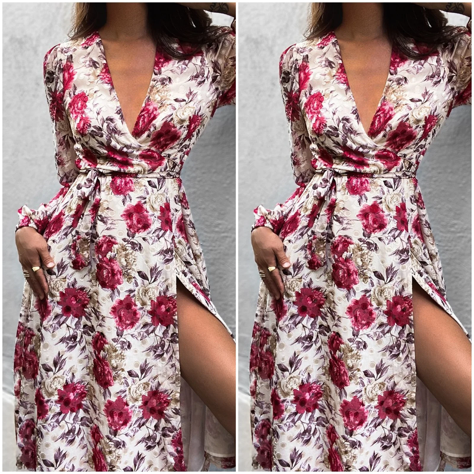 

2021 Summer New Printed Wrap Sleeve Long Sleeve V-neck High Waist Slit Dress