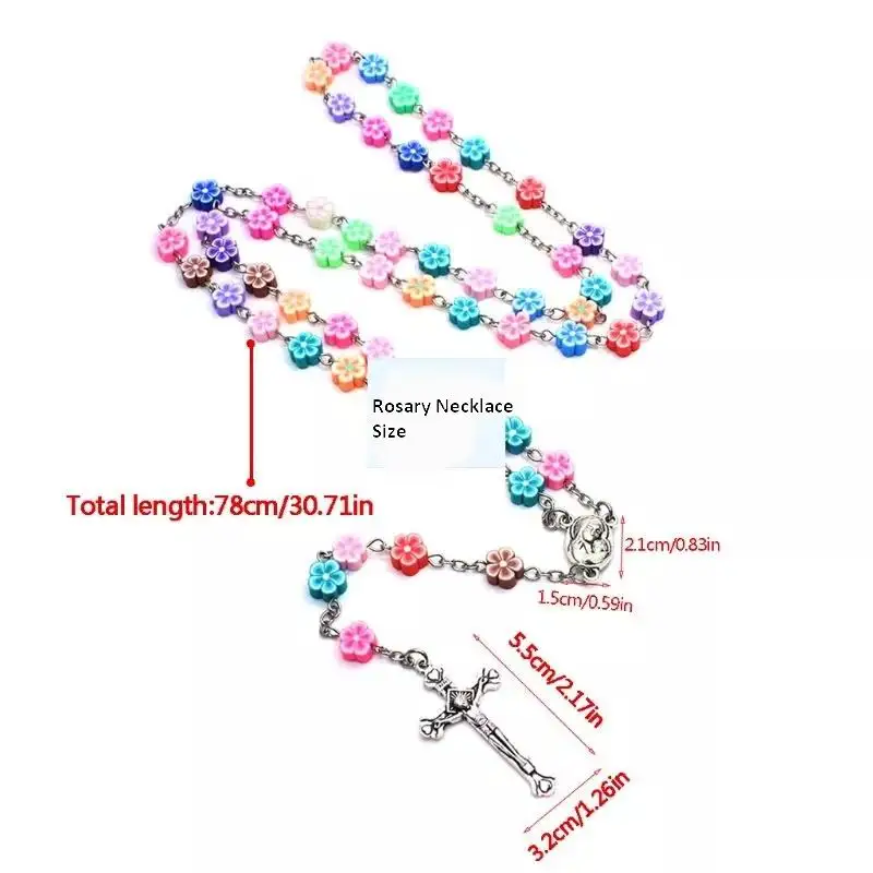 Religious Flower Aryclic Beads Women Polymer Clay Cross Rosary Necklace |