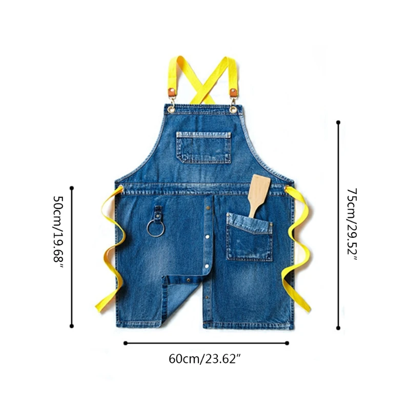 

066E Denim Jeans Canvas Apron Cross Back Adjustable Chef Apron Multi-pocket Strap