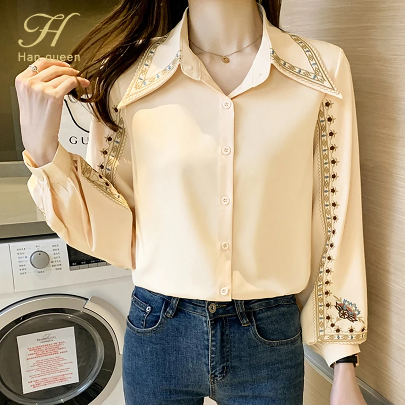 

Женская шифоновая блузка H Han Queen, белая Свободная Повседневная Блузка с вышивкой, в Корейском стиле