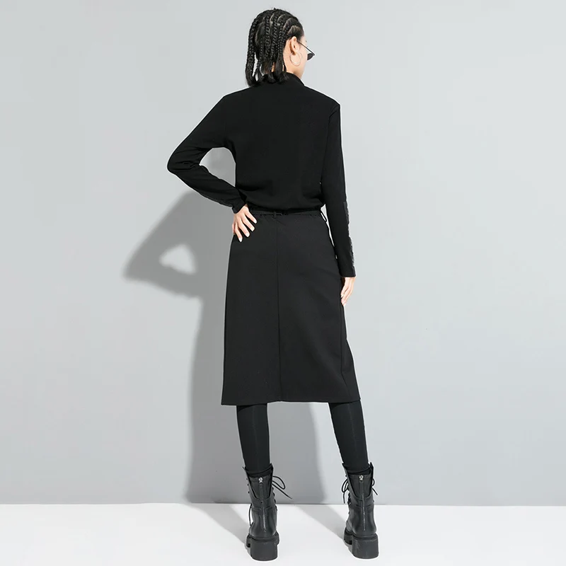 

High Elastic Waist Black Stitch Long False Two Trousers Loose Fit Pants Women Fashion Tide Spring Autumn