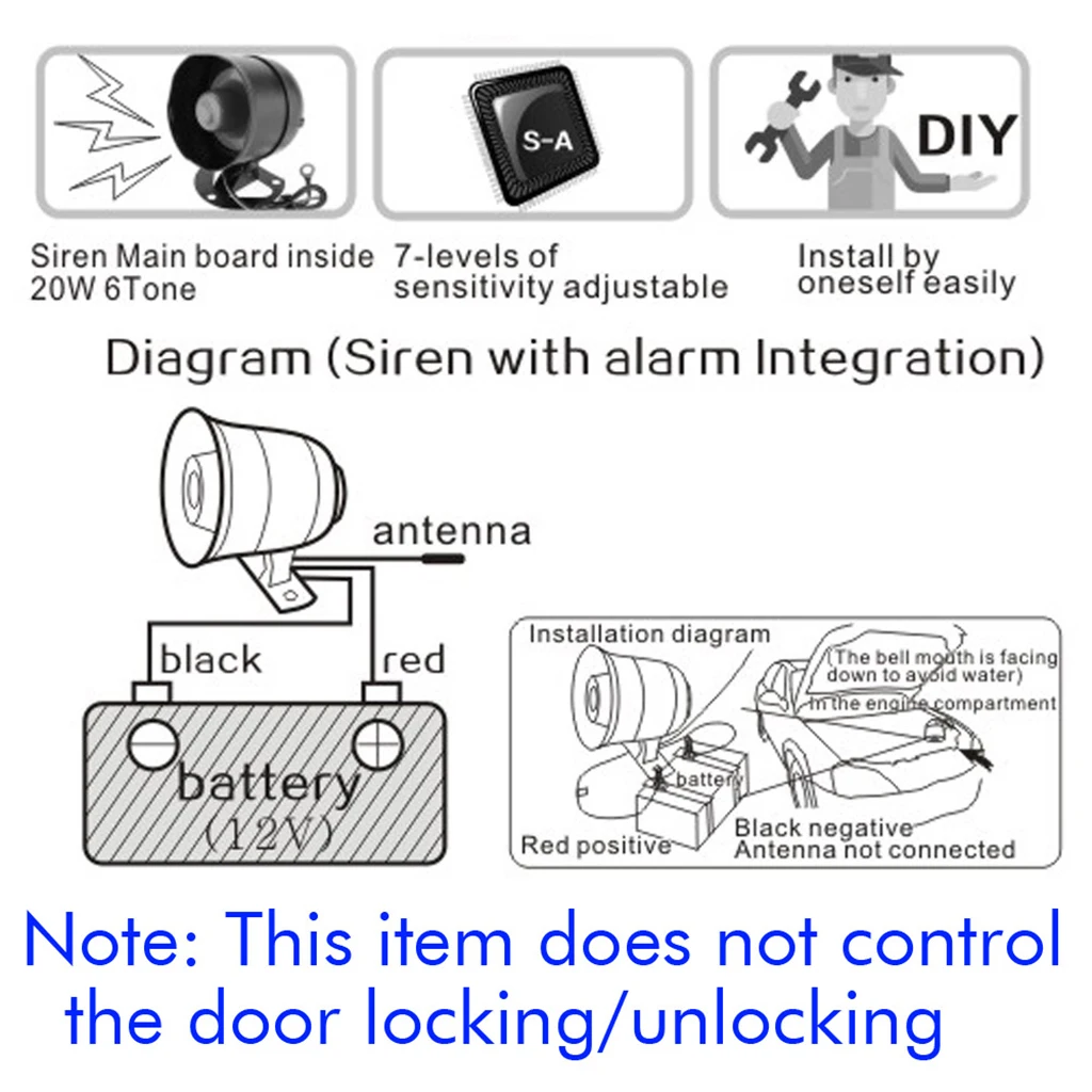 

Car High Power Siren Security Alarm System Remote Control 12V Anti-theft