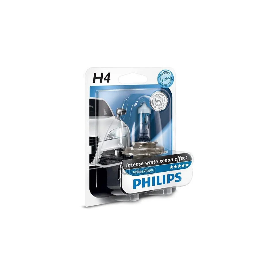 Лампа Галогенная Блистер 1шт H4 12v 60/55w P43t 38 Whitevision 60% (4300k) Philips арт. 12342WHVB1|Передние