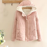 ftlzz new autumn winter woman jacket short design warm slim parkas hooded jacket solid color cotton coat cute outwear
