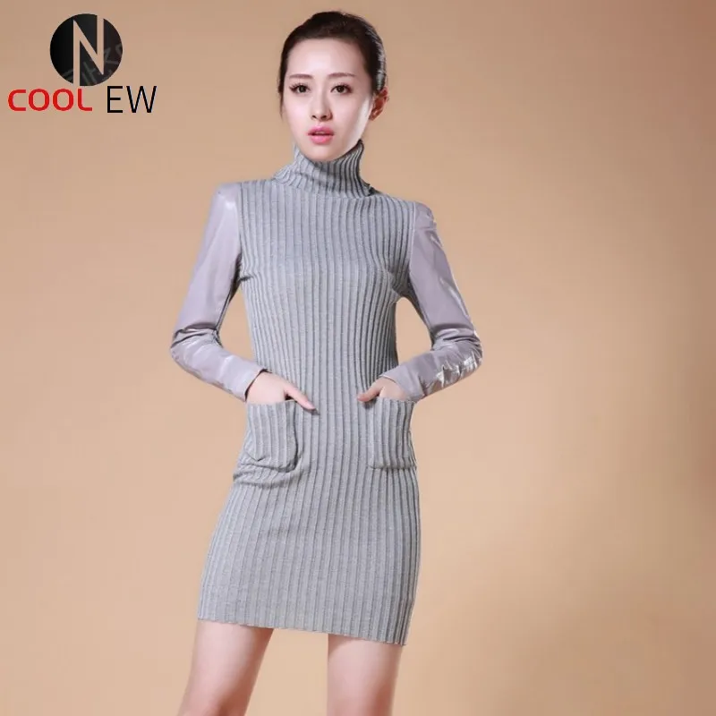 

Women Winter Bodycon Knitted Dress Turtleneck Genuine Leather Patchwork Long Sleeve Dresses Elastic Knitwear Wrap Slim Fit Dress