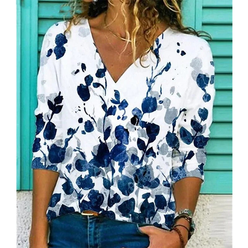 

Новые летние Boho Цветочные блузки женские Модная рубашка с v-образным вырезом 3/4 рукав рубашки с цветочным принтом повседневные Свободные Бл...