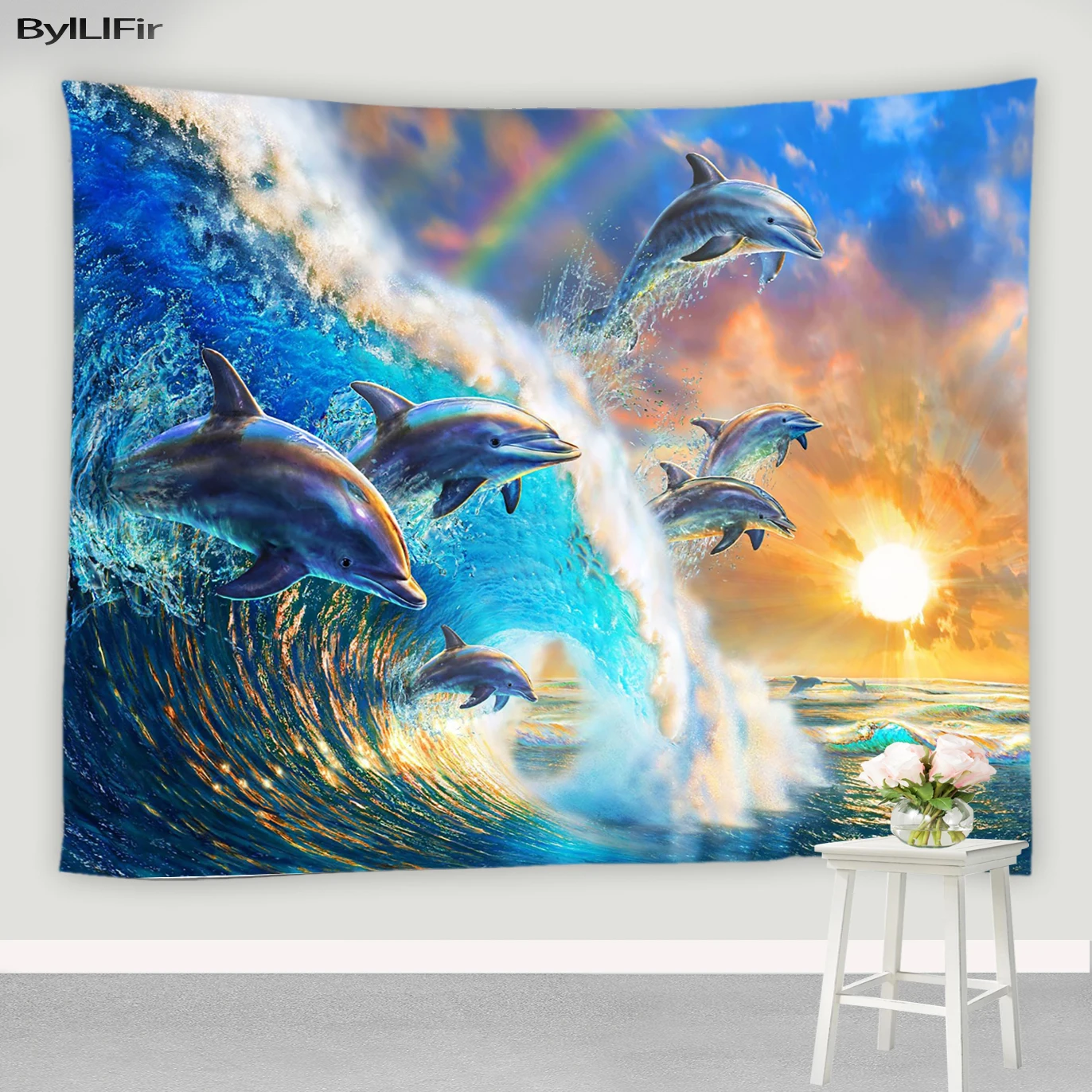 

Psychedelic Starry Sky Dolphin Tapestry Rainbow Marine Animal Print Wall Hanging Bedroom Hippie Art Mural Home Decor Tapestries