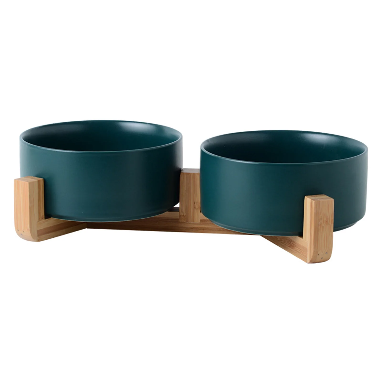 

Hot Ceramic Pet Double Bowl with Non-Slip Stable Bamboo Wood Stand Universal Pet Supplies for Cat Dog