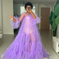Puffy Sleeve Tulle Dresses Women Long Sleeve Sheer Tulle Dress Plus Size Women Maxi Wear Birthday Party Gown Custom Any Color