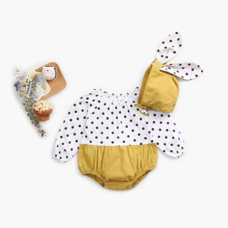 

H05C Baby One-piece Unisex 100% Cotton Long Sleeve Black and White Polka Dot Clothes