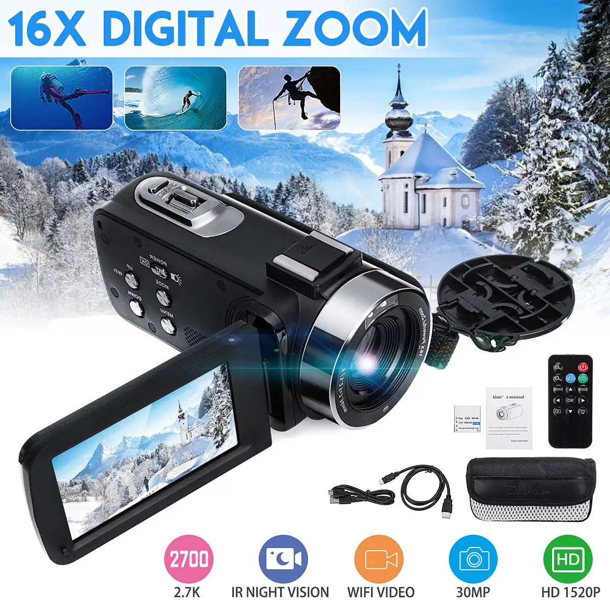 

Видеокамера HD 1080P, 2,7 K, Wi-Fi, цифровая камера с 16-кратным зумом и 3-дюймовым сенсорным ЖК-экраном, с функцией ночного видения