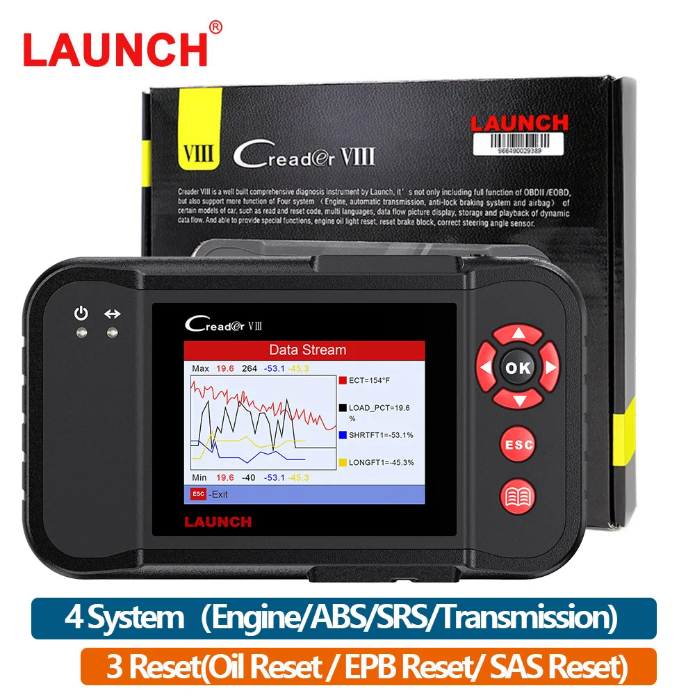 

LAUNCH Creader VIII авто код ридер OBD2 сканер 4 Системы двигателя антиблокировочная система тормозов система пассивной безопасности на 3 сброса EPB мас...