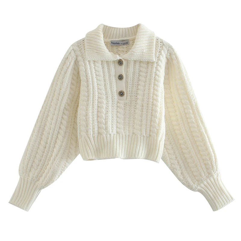 Винтажный женский свитер с пышными рукавами белый осенний Повседневный короткий