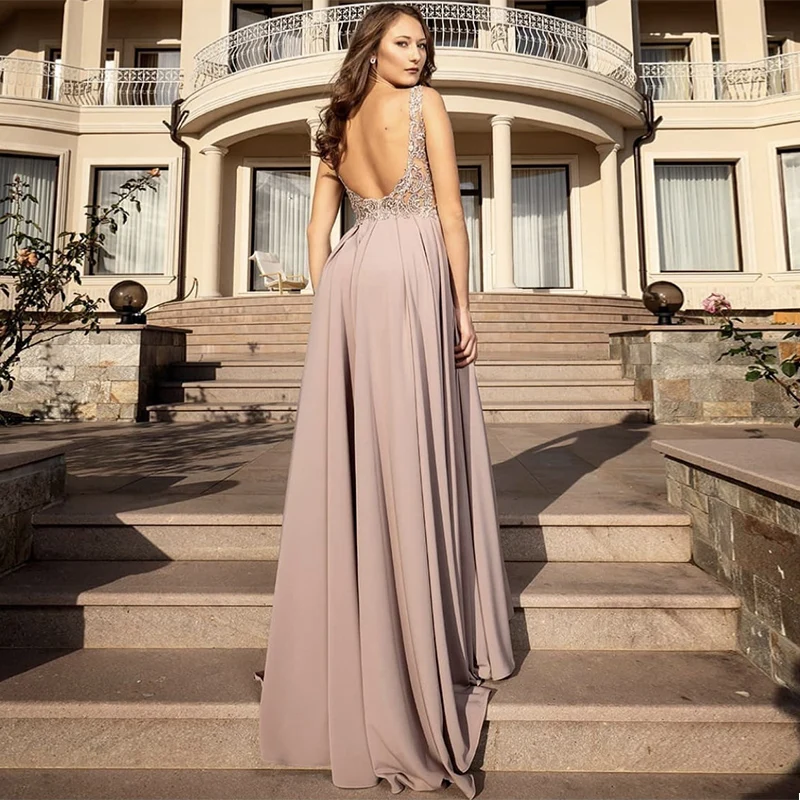 

V-neck Side Slit Evening Dress A-Line Lace Appliques Backless Floor Length Sweep Train Party Prom Gown New
