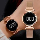 Роскошные цифровые светодиодные часы цвета розового золота для женщин, дамский браслет, магнитные кварцевые часы, наручные часы для женщин