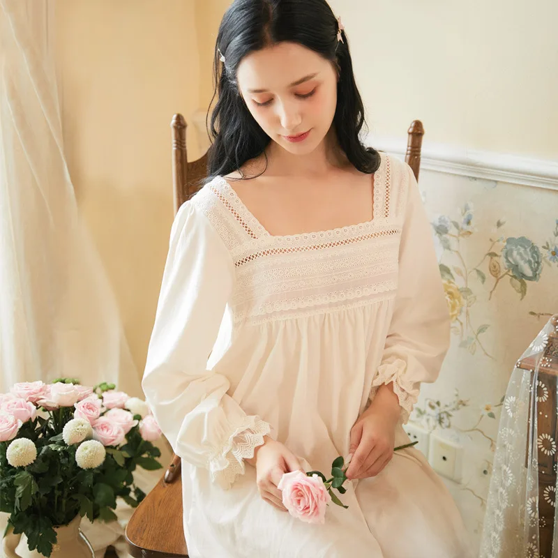 

Sexy Sleep Wear Night Dress Vintage Court Nightgown Long Sleeve Nightdress White 100%Cotton Sleepwear Women Nightshirt