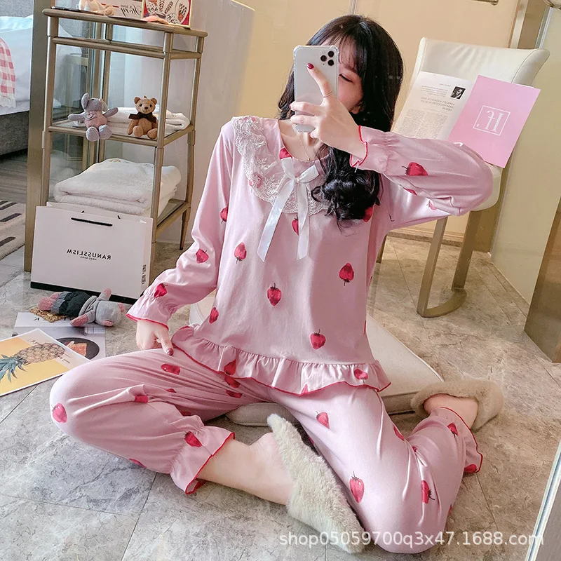 

Summer FashionLeisure CutePrintingSilkSatinLaceWomen's PajamasV Neck DesignLong-Sleeved Trousers Home Wear Nightwear