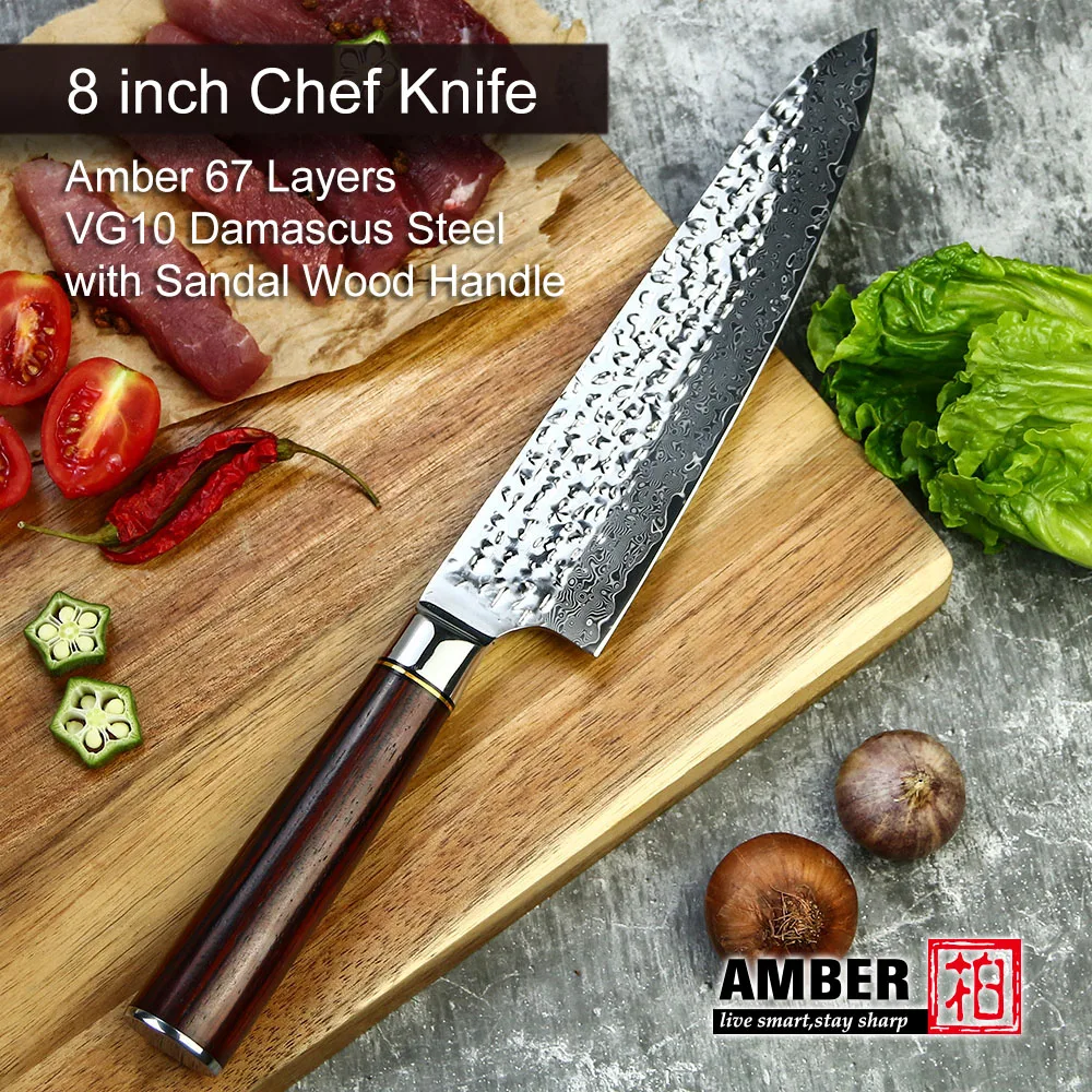 Cuchillo de Chef japonés ámbar de 8 pulgadas, 67 capas, VG10, cuchillo de acero de Damasco, acero inoxidable, alto en carbono, forjado, para Cocina