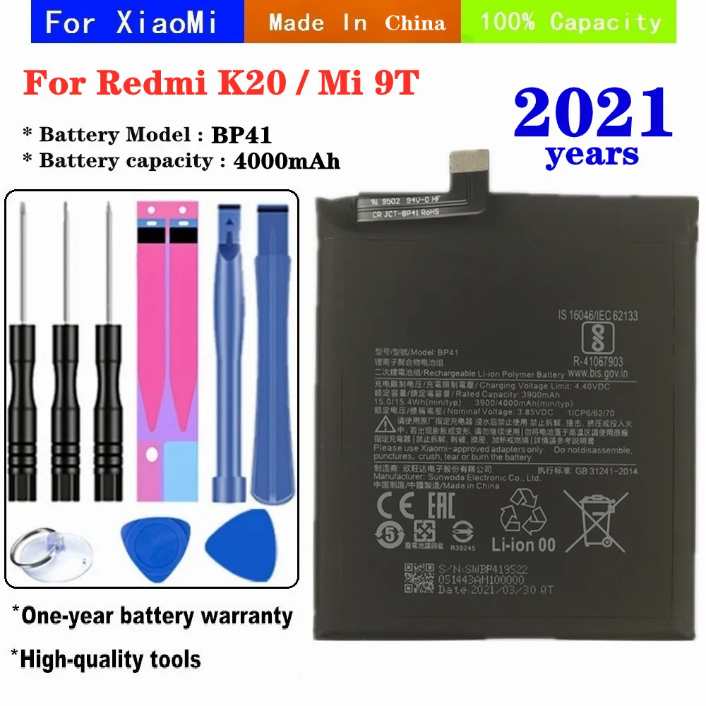 

2021 4000 мАч BP41 сменный аккумулятор большой емкости для Xiaomi Redmi K20 / Mi 9T литий-полимерный аккумулятор для сотового телефона + Инструменты