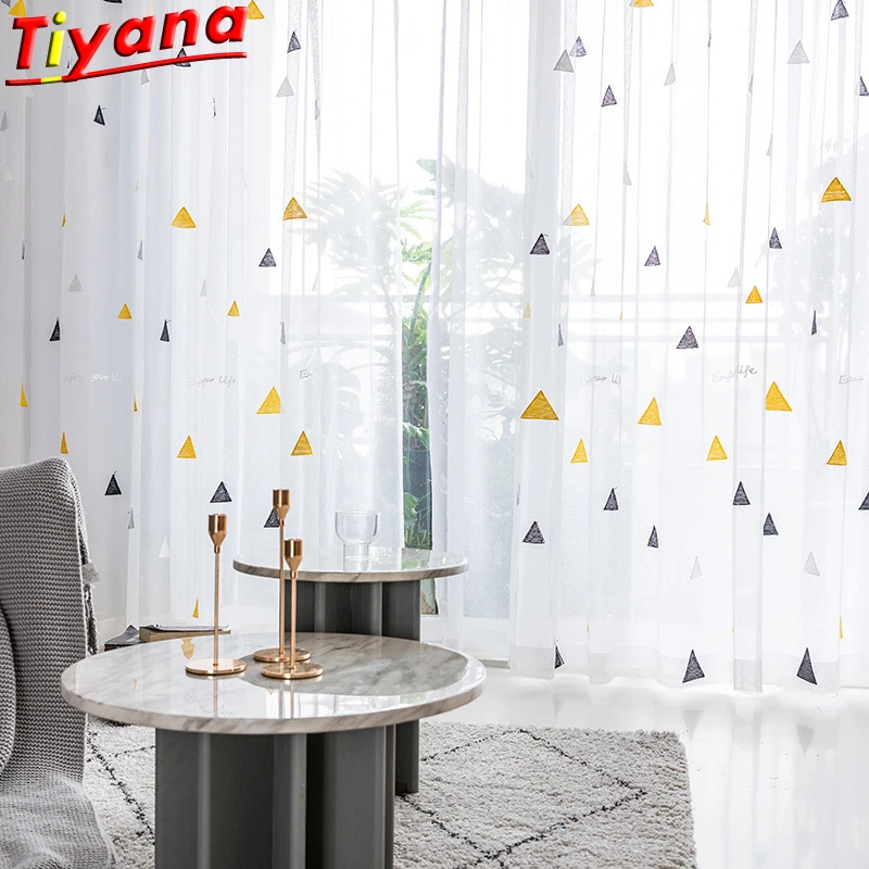 

Black/Yellow Triangl e Embroidered Tulle for Living Room White Mesh Gauze for Kid's Room Balcony Customized Products X-ZH038#35