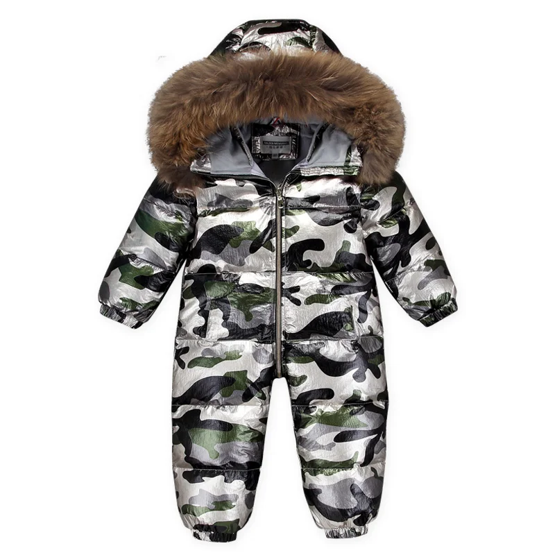 Camouflage-2 Реальной меховой воротник детская одежда зимнее пуховое пальто для маленьких девочек и мальчиков; теплый спортивный костюм; Верхняя одежда для детей, зимняя-30 градусов детей плотный Снежный комбинезон - Цвет: Camouflage-2