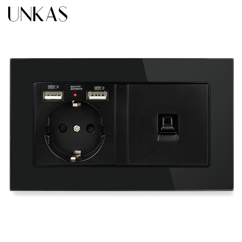 UNKAS Серый роскошный Стекло Панель настенная розетка стандарта ЕС 2 USB зарядка