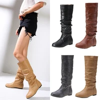 womens autumn and winter boots pu leather solid color pleated knee boots knight boots