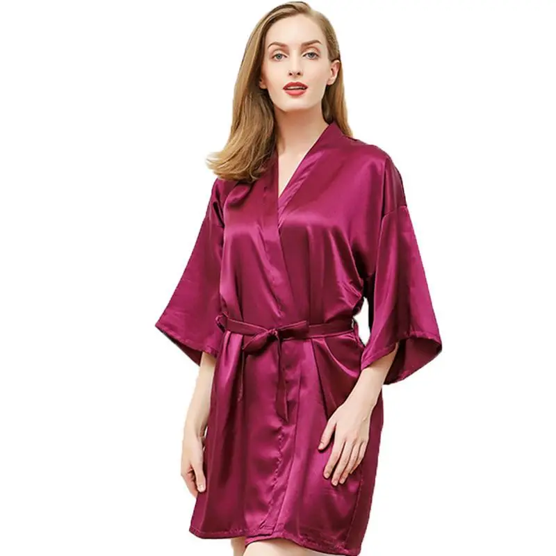 Women's Nightgown Silk Spring and Summer New Solid Color V-neck Cardigan Lace Up Bathrobe Morning Bubble Home Clothes Thin