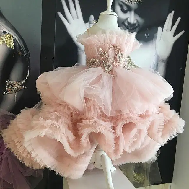 

Luxury Pink Pearls Flower Girl Dresses For Wedding High Low Ruffles Beaded Applique Baby Birthday Party Dress Girls Pageant Ball