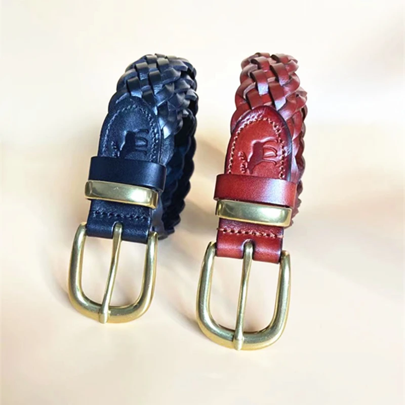 

Women's Braided Belt 100% Cowhide Woven Fashion Antiqued Casual Brass Pin Buckle Men's Belt 3 Cm Wide Jeans Dress Unisex Belt