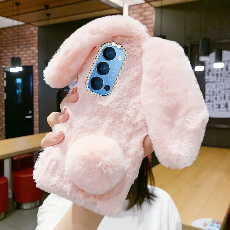 

Fluffy Rabbit Plush Silicone case For Oppo Reno 4 5 F Z 5G Lite GT 5G Neo A73 A53S A52 Phone case Realme 5i 6i 6 7 8 Pro X50 C21