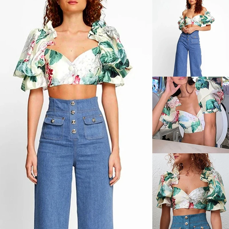 

Summer Fashion Casual Patchwork Print Puff Sleeve Chest-Wrapped Navel Slim Short Top Women Nightclub Club Sexy Tops