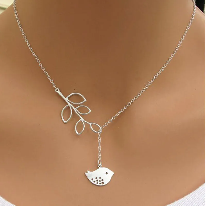 hot fashion casual personality brand leaf bird lariat necklaces pendants bar simple leaf bird choker necklaces for women free global shipping