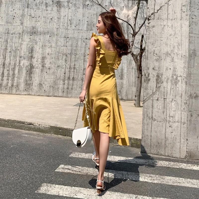 

Office Ladies' Sexy Flouncy Dress Fashion Girls Lotus Leaf Sleeves Mermaid skirt Summer Temperament Slim Elegant Famale Dresses