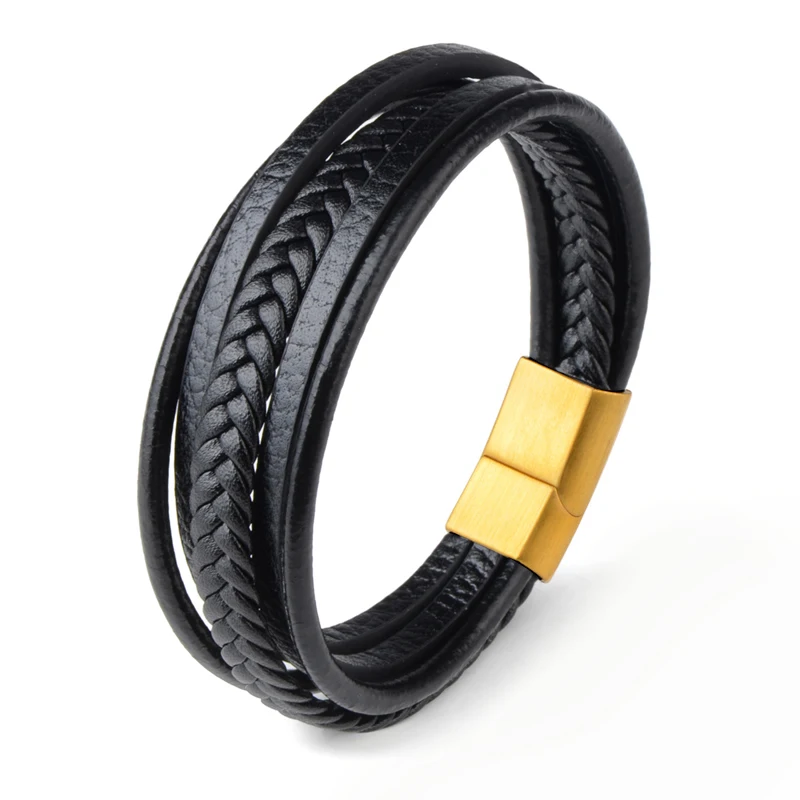 Gold black Плетеная натуральная кожа мужской браслет из нержавеющей стали Магнитная Пряжка браслет для мужчин мужские ювелирные изделия - Окраска металла: Gold black