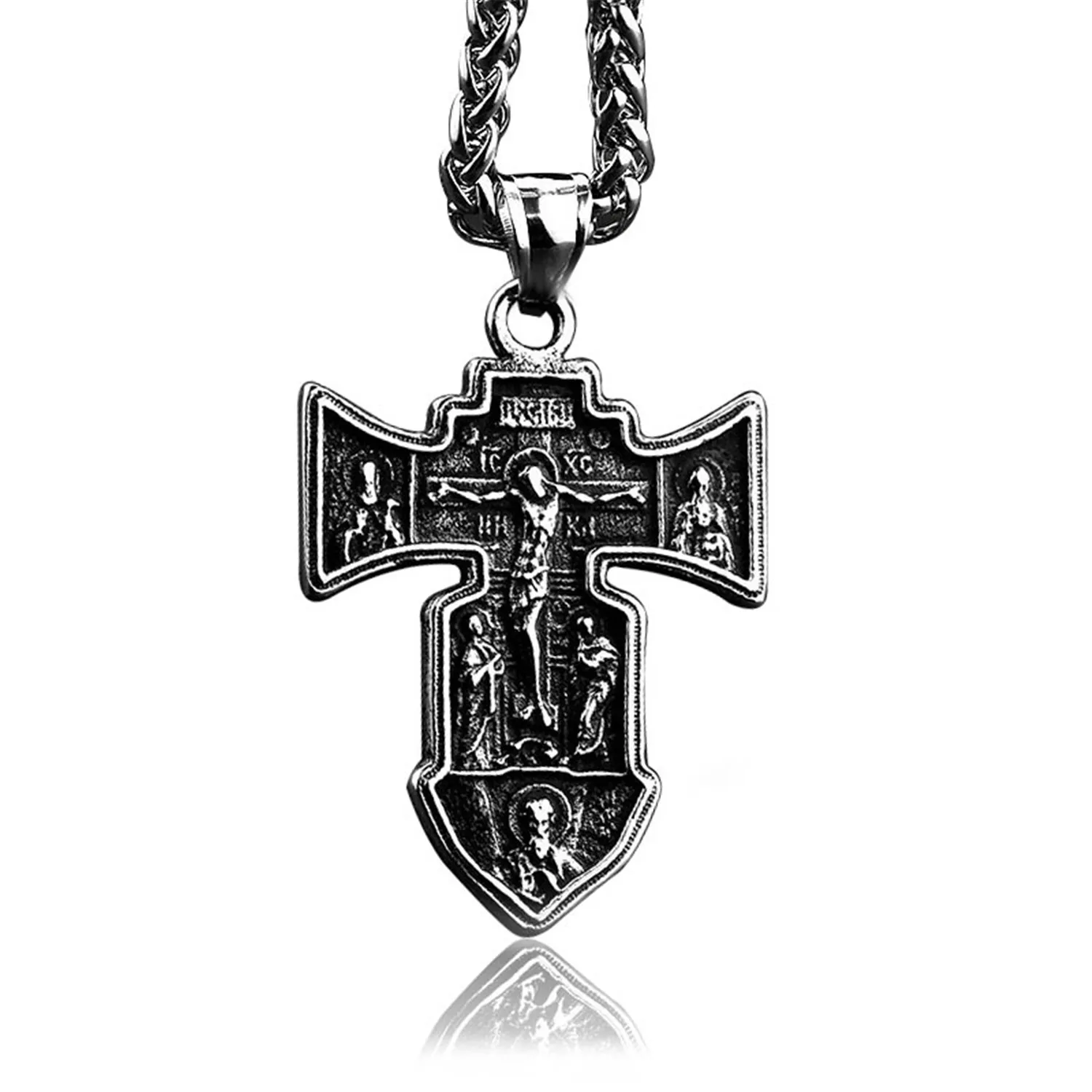 

Mens Stainless Steel Jesus Cross Pendant Iron Earrior European and AmericanReligious Jewelry Necklace