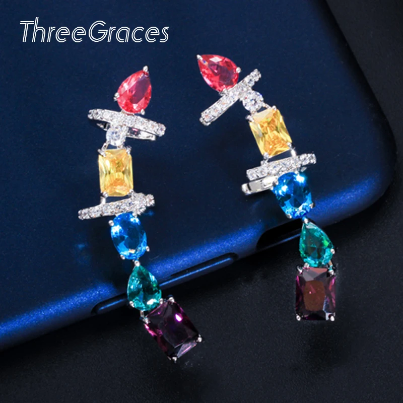 ThreeGraces уникальные многоцветные фианиты длинные зажимные серьги-клипсы с