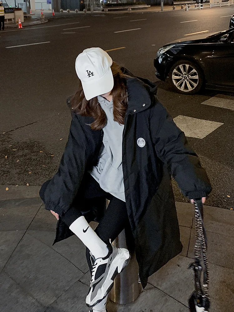 Women's Oversized Thick Jacket 2021 Winter Solid Zipper Streetwear Long Cotton-padded Coat New Korean Style Hooded Chic Outwear