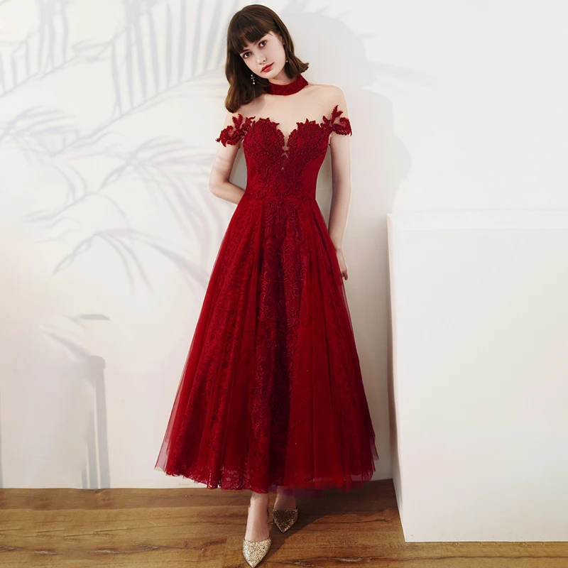 

Burgundy Flowers Embroidery High Neck Evening Dress Short Sleeves A-Line Ankle-Length Backless New Woman Formal Party Gown A495