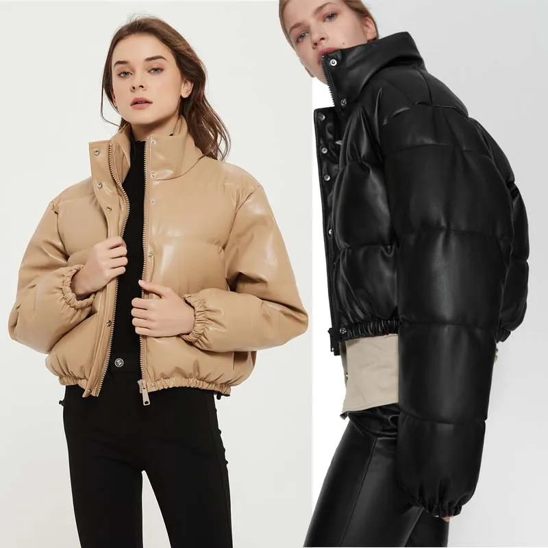 Winter Thick Warm Short Parkas Women PU Leather Coats Black Cotton Padded Female Down Jacket Elegant Zipper Cotton Jackets