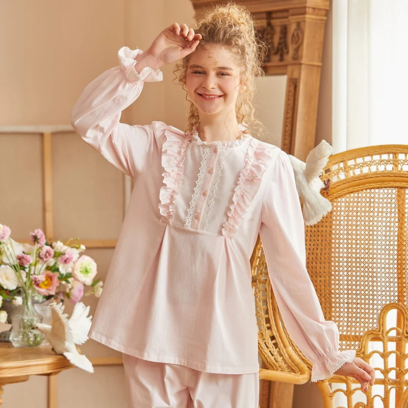 

Cotton Womens Pajamas Retro French Court Style Nightwear Princess Long Sleeve Solid Round Neck Lace Sleepwear 2 Piece Set Spring