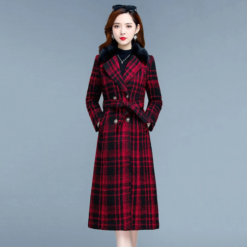 

New Women Woolen Down Coat Winter Elegant Fashion Fur Collar Down Liner Slim Long Plaid Wool Blends Coat Thick Warm Outerwear